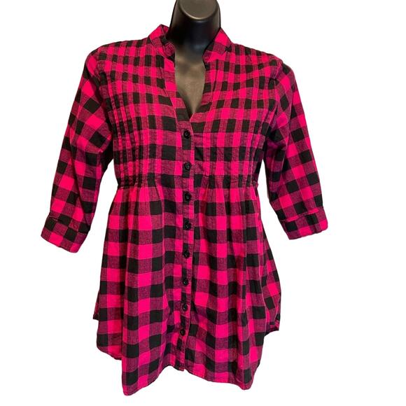Plaid Pink and Black Tied Waist Button Up Top - Small - Picture 1 of 3